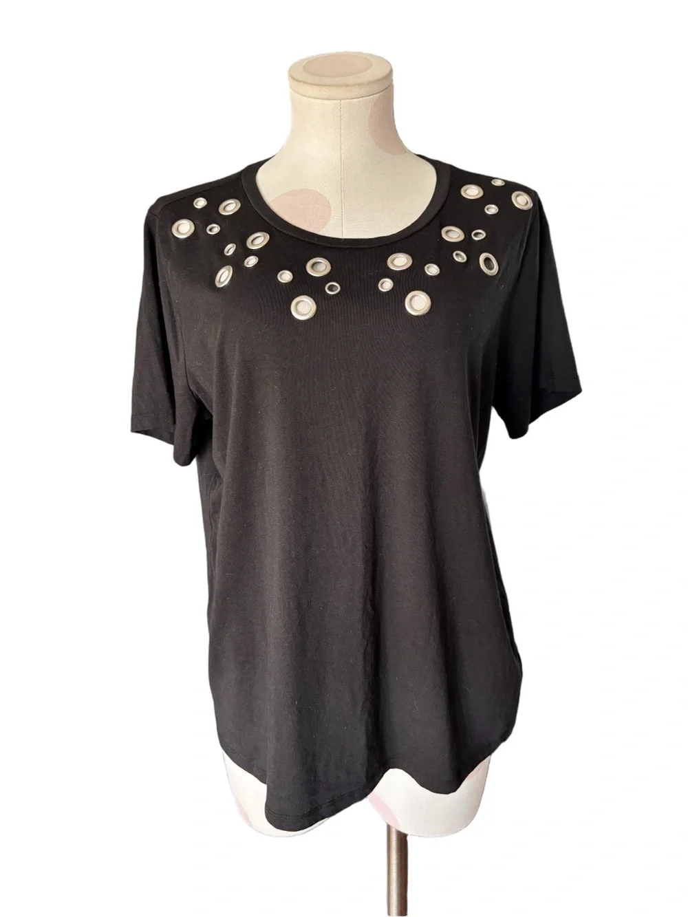 Michael Kors Grommet Embellished Black Tee Top Large